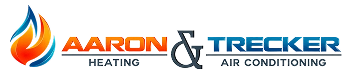 Logo with a blue and orange flame icon, text reading “Aaron & Trecker Heating Air Conditioning” in orange, black, and blue fonts on a light background.