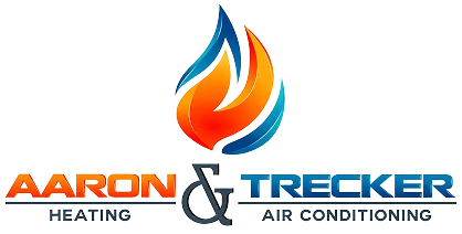 Logo for Aaron & Trecker Heating and Air Conditioning, featuring a stylized blue and orange flame above the company name in bold, capital letters.