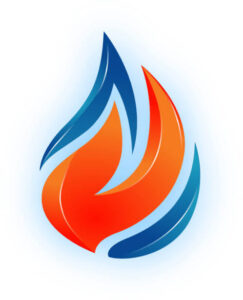 Abstract flame-shaped logo with interwoven orange and blue curved elements on a white background.