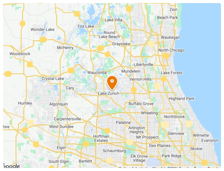 Map showing a marker centered on Lake Zurich, Illinois, with nearby cities and highways in the Chicago metropolitan area visible.