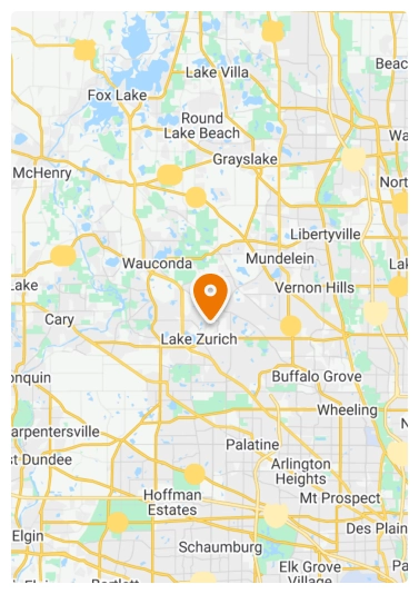 Map showing a pin dropped in Lake Zurich, Illinois, with surrounding towns including Wauconda, Vernon Hills, Libertyville, Palatine, and Buffalo Grove.