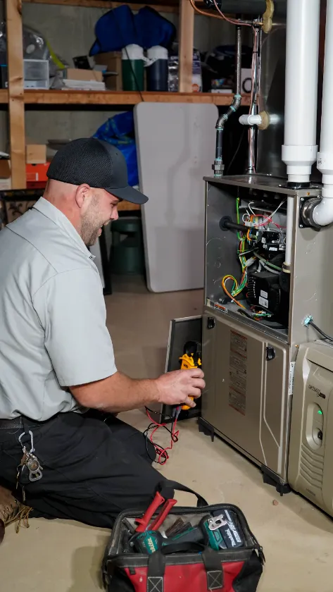 A technician kneels beside an open furnace, using a multimeter to test wires. A tool bag filled with equipment sits on the floor nearby in a basement setting.