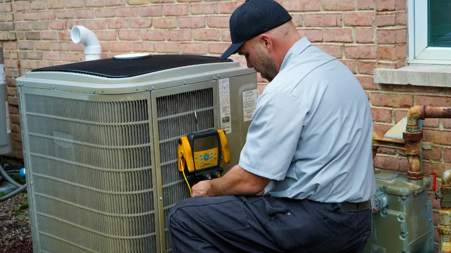 A technician wearing a cap and uniform checks an outdoor air conditioning unit with a digital tool beside a brick wall.