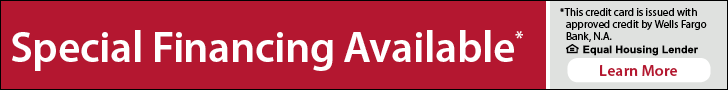Red banner with white text reading “Special Financing Available.” A box on the right shows credit card and housing lender info, with a “Learn More” button.