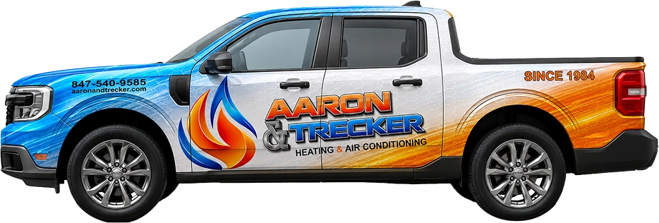 A pickup truck with a blue, white, and orange Aaron & Trecker Heating & Air Conditioning wrap, contact info, and “Since 1984” printed on the side.